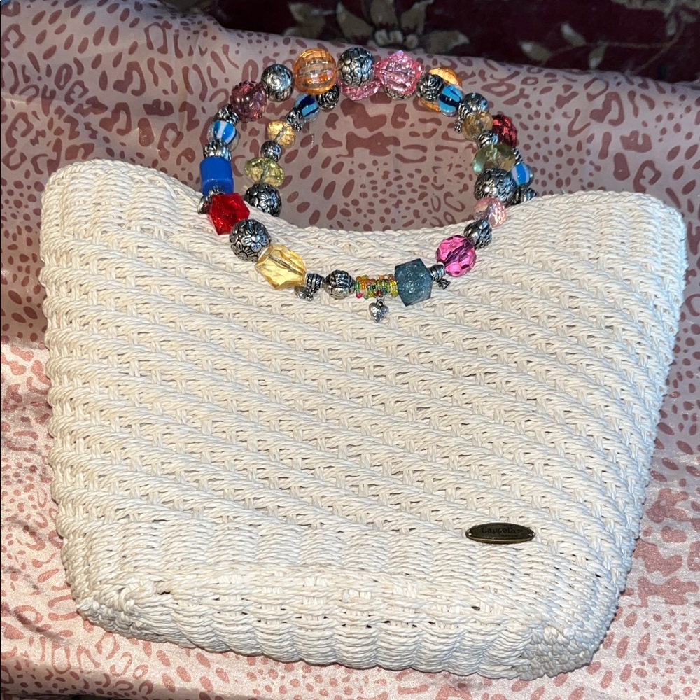 Cappelli Elegant White Woven Bag with Beaded Handle